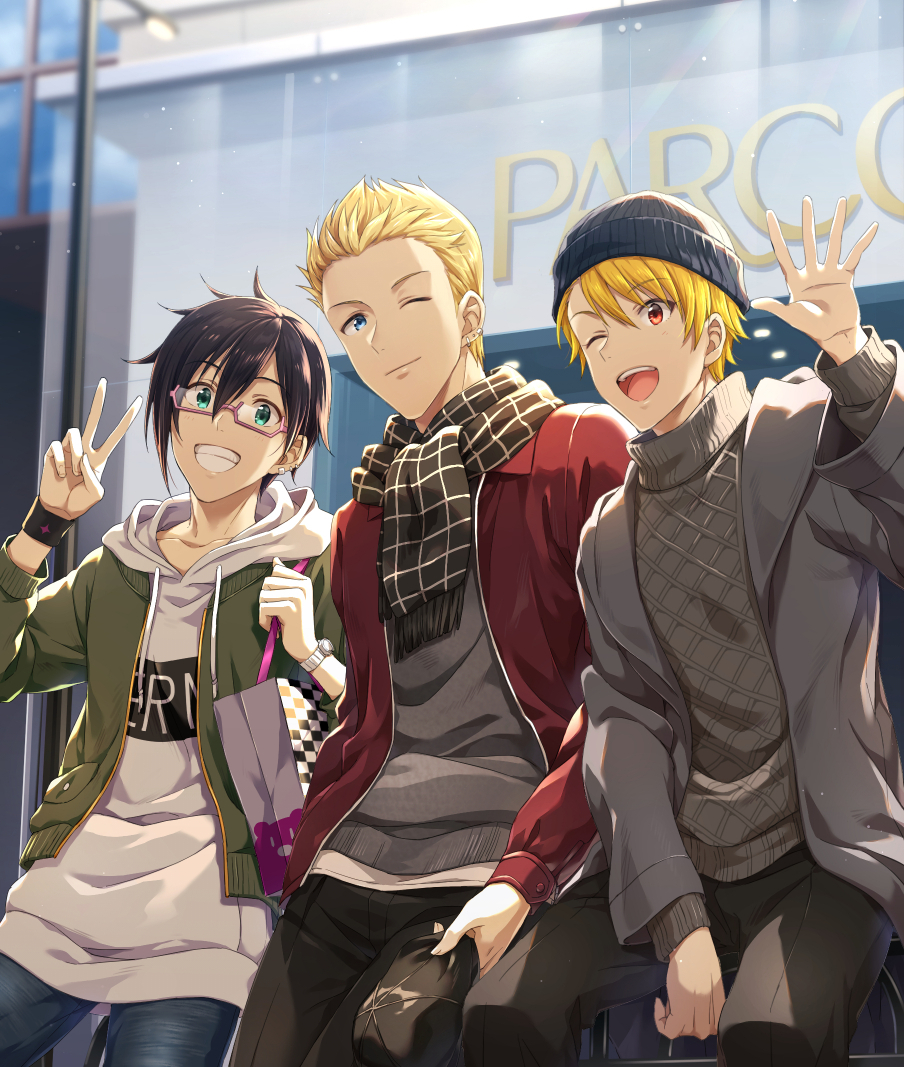 3boys, ;), ;d, asymmetrical_hair, bag, beanie, between_legs, black_hair