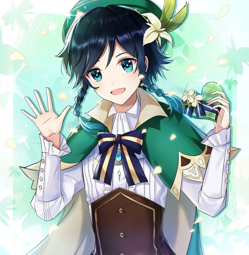 1boy, androgynous, beret, black_hair, blue_hair, bow, box, braid