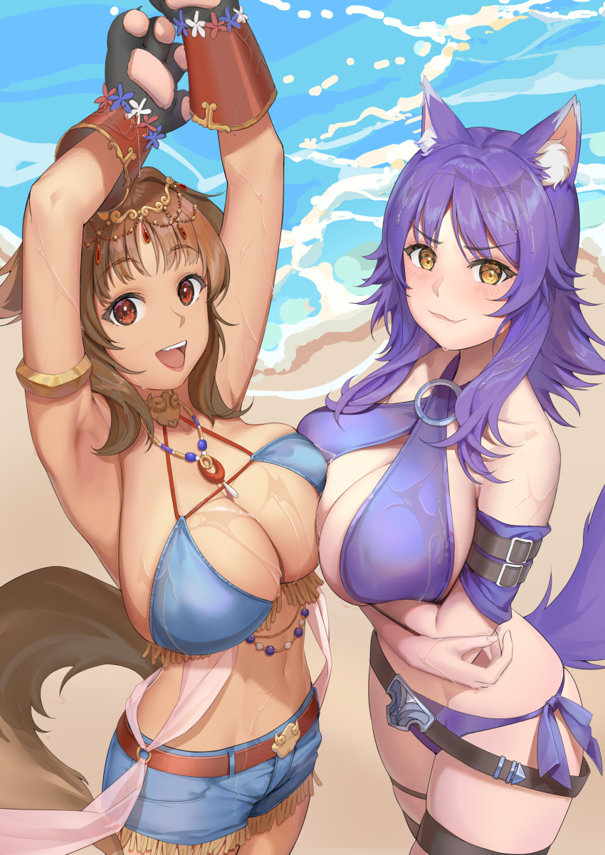 2girls, :d, absurdres, animal_ear_fluff, animal_ears, animal_hands, antenna_hair, arm_belt, arm_strap, armlet, armpits, arms_up, bare_shoulders, beach, bikini, bikini_top_only, blue_bikini, blush, breast_press, breasts, brown_eyes, brown_hair, brown_shorts, circlet, cleavage, clio_(dabingshi_clio_da), collarbone, commentary, cowboy_shot, criss-cross_halter, crossed_arms, dark-skinned_female, dark_skin, denim, denim_shorts, dog_ears, dog_girl, dog_tail, fang, fang_out, gloves, groin, hair_between_eyes, halterneck, highres, jewelry, kaori_(princess_connect!), kaori_(summer)_(princess_connect!), large_breasts, leg_belt, long_hair, looking_at_viewer, makoto_(princess_connect!), makoto_(summer)_(princess_connect!), midriff, multiple_girls, navel, o-ring, ocean, official_alternate_costume, open_mouth, paw_gloves, princess_connect!, purple_bikini, purple_hair, red_eyes, shadow, shawl, short_shorts, shorts, side-tie_bikini_bottom, sidelocks, skindentation, smile, standing, swimsuit, symmetrical_docking, tail, teeth, upper_teeth_only, wet, wet_clothes, wet_swimsuit, wolf_ears, wolf_girl, wolf_tail, yellow_eyes