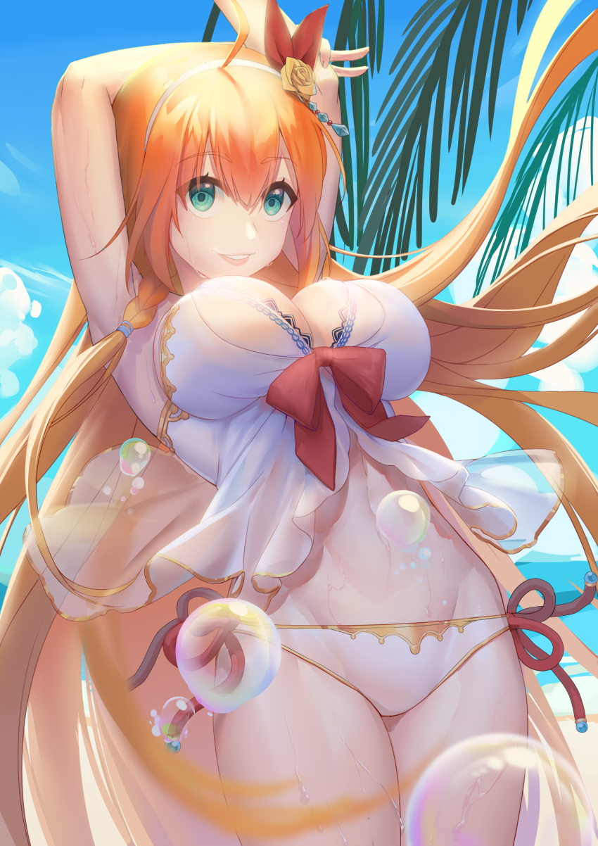 1girl, absurdres, ahoge, aqua_eyes, armpits, arms_up, bare_shoulders, beach, bikini, blue_sky, braid, breasts, chinese_commentary, cleavage, clio_(dabingshi_clio_da), cloud, commentary_request, cowboy_shot, floating_hair, groin, hair_between_eyes, hair_ornament, hair_ribbon, hairband, highres, large_breasts, long_hair, looking_at_viewer, midriff, navel, ocean, official_alternate_costume, orange_hair, outdoors, palm_leaf, parted_lips, pecorine_(princess_connect!), pecorine_(summer)_(princess_connect!), princess_connect!, red_ribbon, ribbon, side-tie_bikini_bottom, side_braid, sidelocks, sky, smile, solo, standing, swimsuit, very_long_hair, water_drop, wet, white_bikini, white_hairband