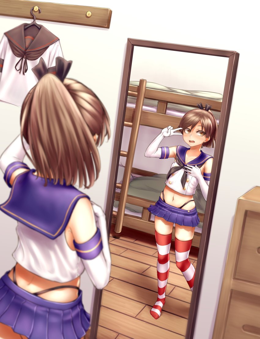 1girl, absurdres, bed, black_hairband, black_neckerchief, black_panties, black_sailor_collar, blue_sailor_collar, blue_skirt, brown_hair, bunk_bed, commentary, cosplay, crop_top, elbow_gloves, full-length_mirror, gloves, hairband, highleg, highleg_panties, highres, kantai_collection, microskirt, miniskirt, mirror, neckerchief, ohaduke, panties, pleated_skirt, ponytail, reflection, sailor_collar, school_uniform, serafuku, shikinami_(kancolle), shikinami_kai_ni_(kancolle), shimakaze_(kancolle), shimakaze_(kancolle)_(cosplay), short_hair, sideways_glance, skirt, sleeveless, solo, striped_clothes, striped_thighhighs, thighhighs, underwear, unworn_clothes, v, v_over_eye, walk-in, white_gloves