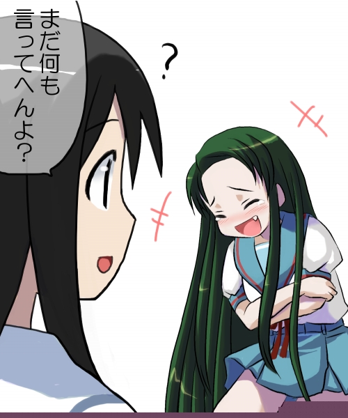 00s, 2girls, :d, azumanga_daiou, black_hair, closed_eyes, crossover, fang