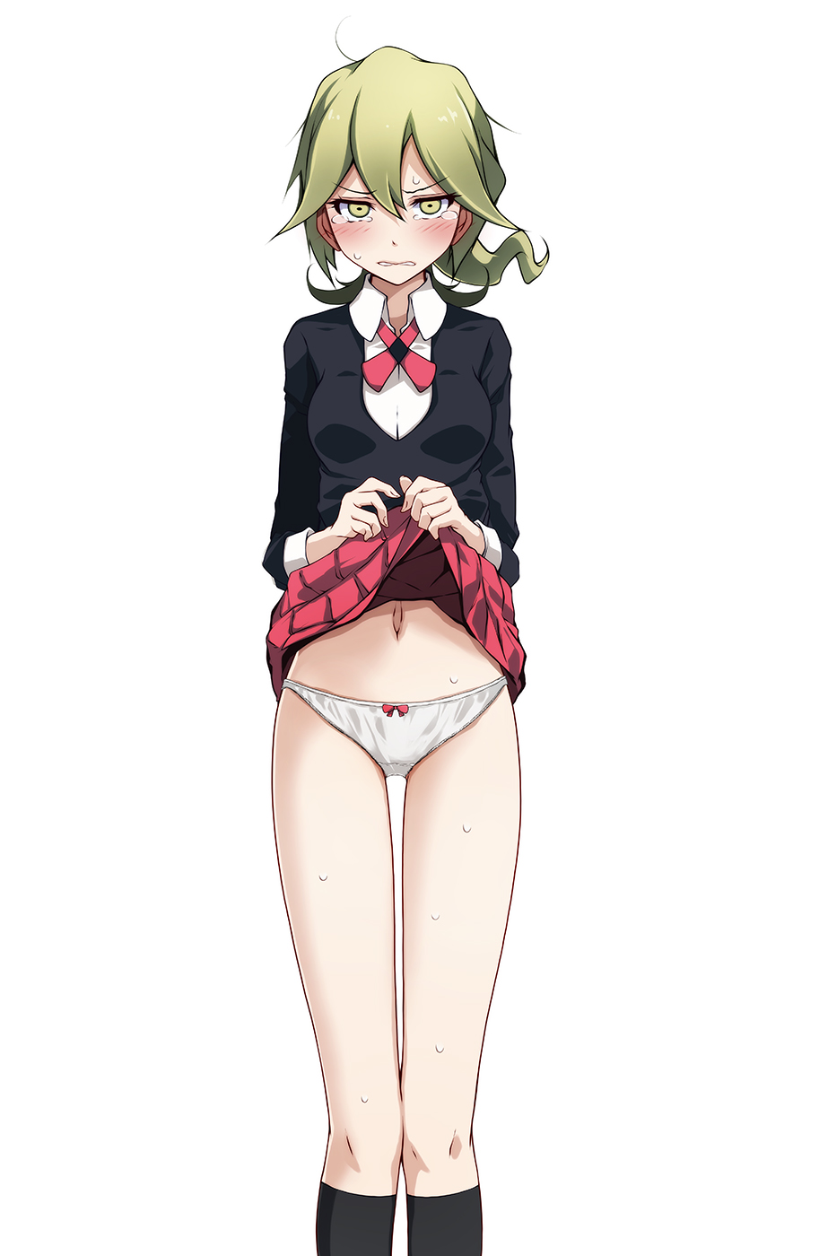 1girl, black_jacket, black_socks, blonde_hair, blush, bow, bow_panties, clothes_lift, collar, collared_shirt, crying, crying_with_eyes_open, hair_between_eyes, highres, jacket, kneehighs, lass_(pokemon), lass_(pokemon_xy), lifting_own_clothes, long_sleeves, messy_hair, miniskirt, navel, neck_ribbon, nintendo, panties, pleated_skirt, pokemon, pokemon_x_and_y, red_bow, red_ribbon, red_skirt, ribbon, school_uniform, shirt, simple_background, skirt, skirt_lift, socks, solo, sweat, tearing_up, tears, tsukishiro_saika, underwear, white_background, white_collar, white_panties, white_shirt, yellow_eyes