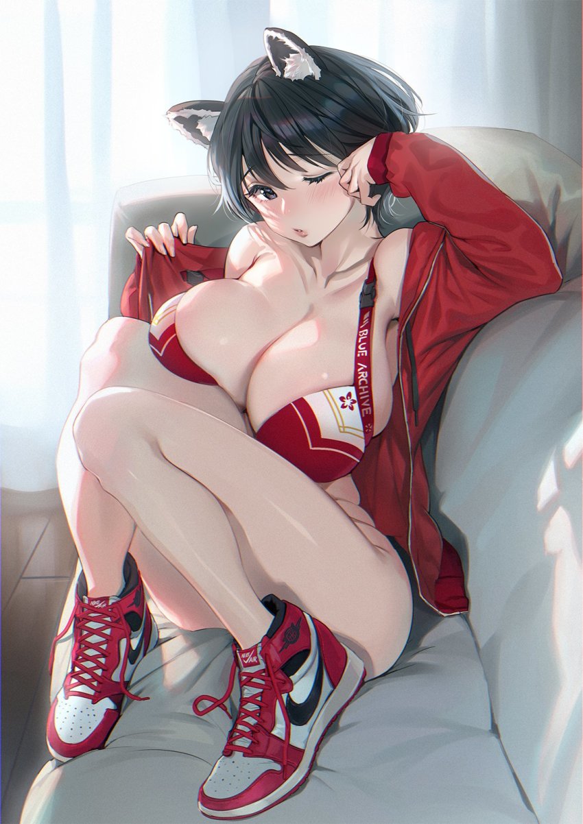 1girl, air_jordan, air_jordan_1, animal_ear_fluff, animal_ears, bare_shoulders, black_eyes, black_hair
