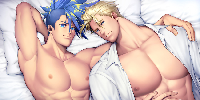 2boys, abs, armpits, asymmetrical_hair, bara, bare_pectorals, blonde_hair, couple, d-red, galo_thymos, kray_foresight, large_pectorals, looking_at_viewer, male_focus, multiple_boys, muscular, muscular_male, nipples, on_bed, pectorals, promare, short_hair, sideburns, sidecut, smile, spiked_hair, undercut, yaoi