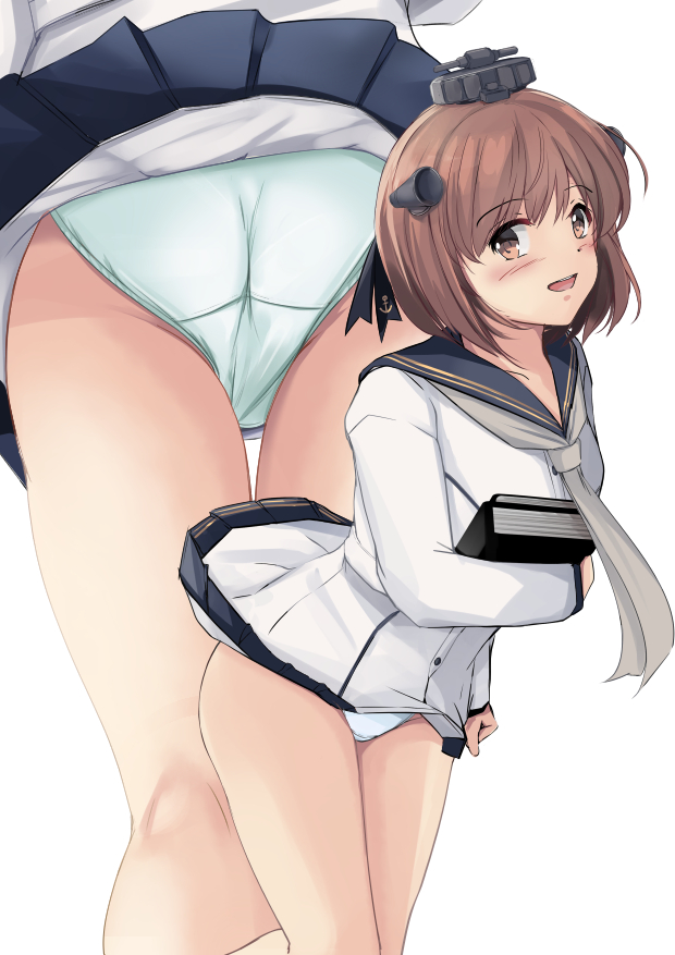1girl, anchor_symbol, ass, black_sailor_collar, book, breasts, brown_eyes, brown_hair
