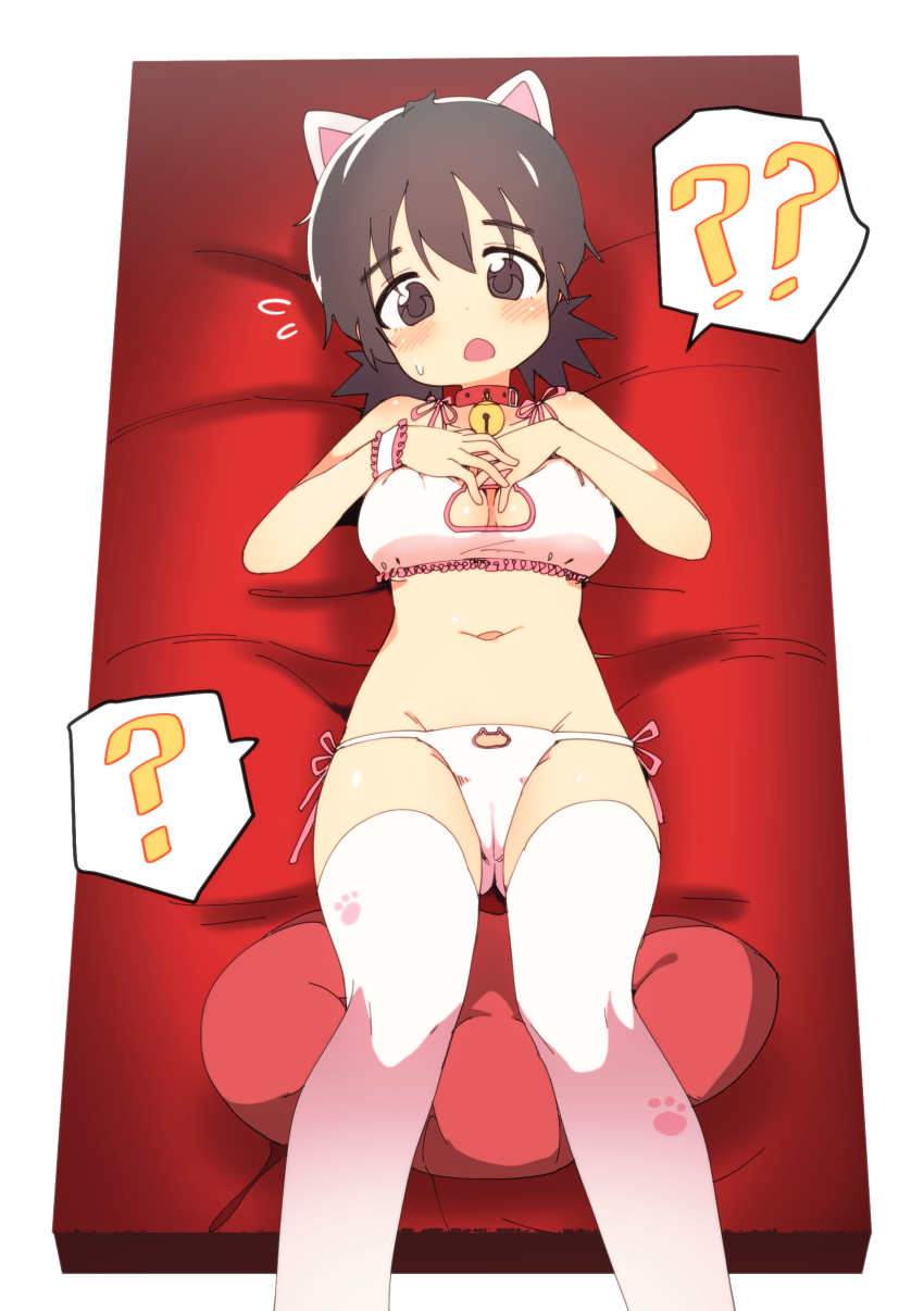 1girl, ?, ??, absurdres, animal_ears, bell, blush, breasts, brown_eyes, brown_hair, bural_chingu, cat_cutout, cat_ear_panties, cat_ears, cat_lingerie, cleavage_cutout, clothing_cutout, eyebrows, highres, jingle_bell, lingerie, luke_(dydansgur), lying, medium_breasts, navel, neck_bell, on_back, open_mouth, oppai_loli, panties, paw_print, seong_mi-na_(bural_chingu), short_hair, side-tie_panties, solo, sweatdrop, tareme, thighhighs, underwear, white_thighhighs