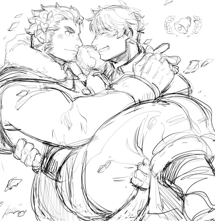 2boys, ass, bara, bell, cape, carrying, claude_(housamo), confetti, couple, feet_out_of_frame, fur-trimmed_cape, fur_trim, greyscale, harada_(basashi), husband_and_husband, large_pectorals, laurel_crown, long_sideburns, looking_at_another, male_focus, protagonist_4_(housamo), mature_male, monochrome, multiple_boys, muscular, muscular_male, official_alternate_costume, pectorals, princess_carry, santa_costume, short_hair, sideburns, size_difference, sketch, smile, thick_thighs, thighs, tokyo_houkago_summoners, wedding, yaoi