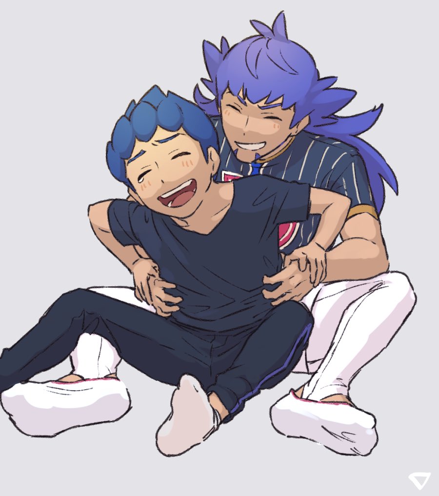 2boys, bad_id, bad_twitter_id, black_pants, black_shirt, blue_hair, blush, brothers