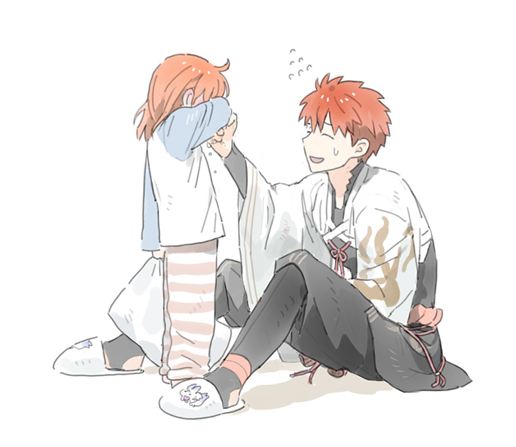 1boy, 1girl, aged_down, ahoge, alternate_costume, cczyjs, closed_eyes, crying, fate/grand_order, fate_(series), flying_sweatdrops, fou_(fate), fujimaru_ritsuka_(female), holding, on_ground, orange_hair, pillow, senji_muramasa_(fate), senji_muramasa_(second_ascension)_(fate), simple_background, sitting, slippers, smile, sweatdrop, tears, white_background, wide_sleeves