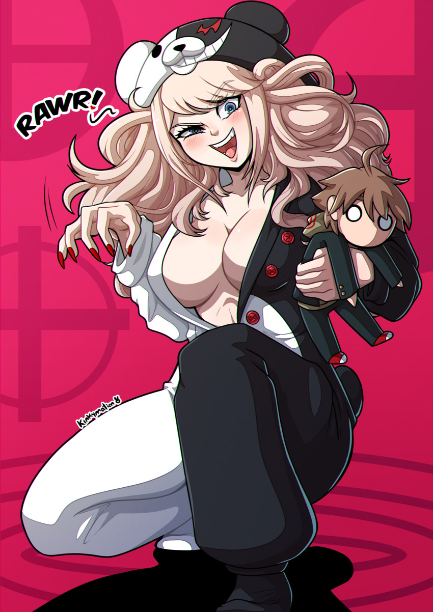 1girl, artist_name, blonde_hair, breasts, character_doll, claw_pose, cleavage, commentary, cosplay, danganronpa:_trigger_happy_havoc, danganronpa_(series), doll, enoshima_junko, half-closed_eye, hands_up, highres, holding, holding_doll, hood, hood_up, kinkymation, large_breasts, long_hair, long_sleeves, looking_at_viewer, monokuma, monokuma_(cosplay), naegi_makoto, nail_polish, no_bra, no_uvula, onesie, open_mouth, partially_unbuttoned, pink_background, red_nails, spoilers, teeth, two-tone_background, upper_teeth_only