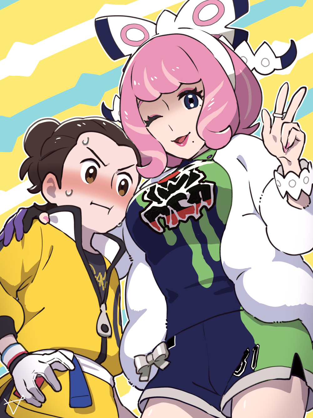 1boy, 1girl, :i, age_difference, bad_id, bad_twitter_id, black_shirt, blue_eyes