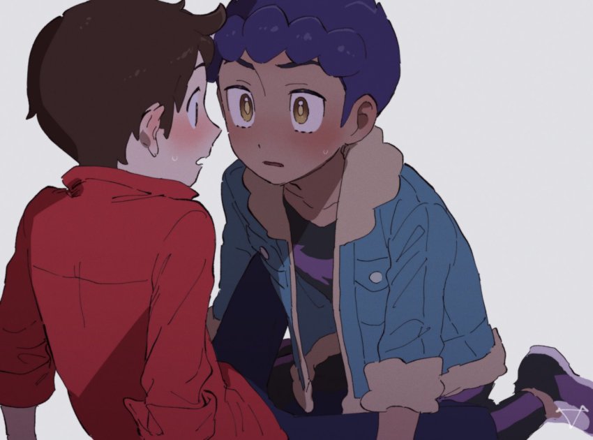 2boys, bad_id, bad_twitter_id, black_pants, black_shirt, blue_jacket, blush, brown_hair