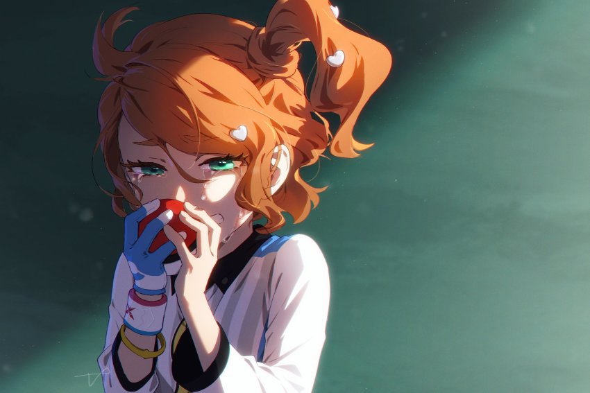 1girl, aged_down, bracelet, clenched_teeth, collared_shirt, commentary, crying, dynamax_band