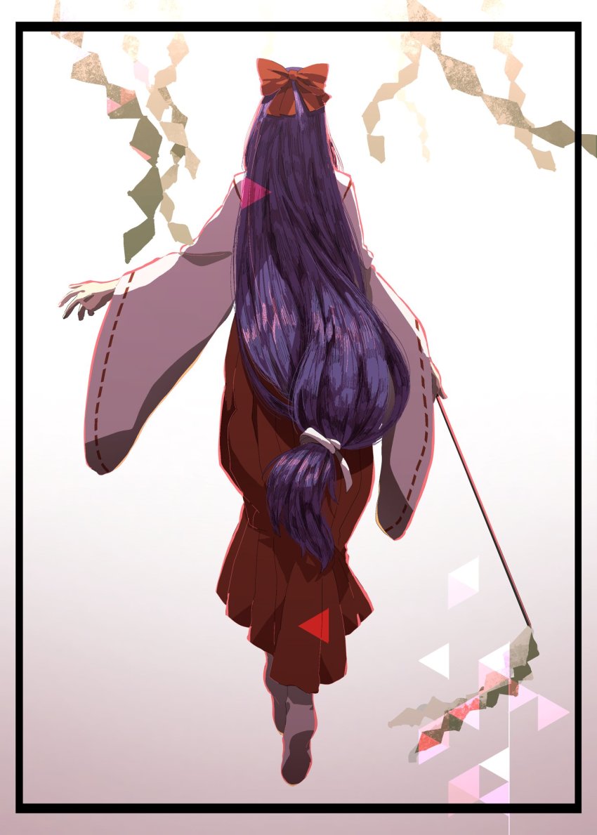 1girl, back, bow, full_body, gohei, hair_bow, hakurei_reimu, hakurei_reimu_(pc-98), highres, holding, holding_weapon, irohasu_(sasagarasu), japanese_clothes, long_hair, low-tied_long_hair, miko, pants, red_bow, red_pants, simple_background, socks, solo, touhou, touhou_(pc-98), very_long_hair, weapon, white_background, white_bow, wide_sleeves