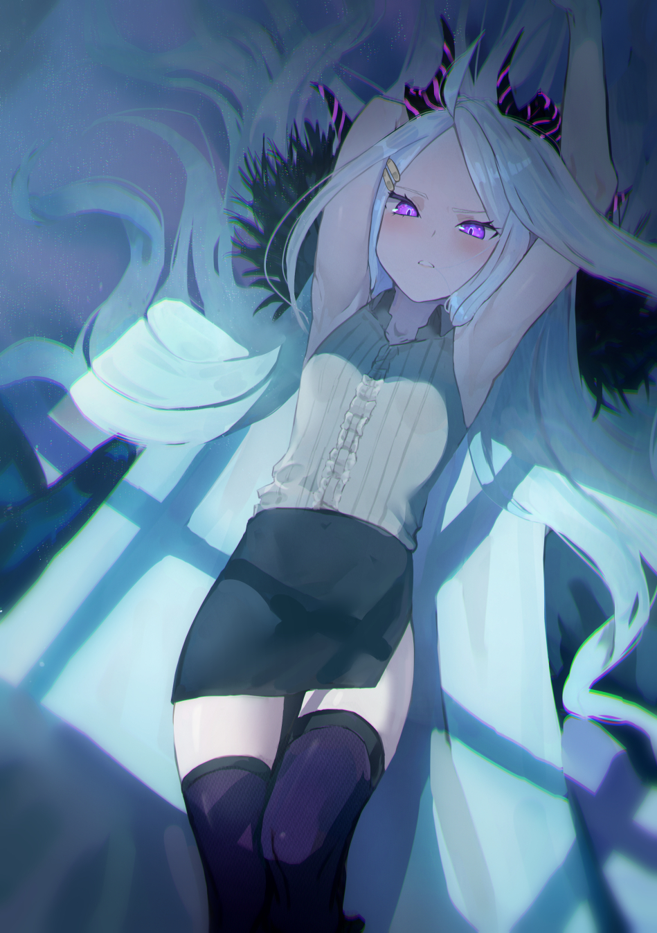 1girl, ahoge, arm_behind_head, armpits, arms_up, black_skirt, blue_archive, collared_shirt