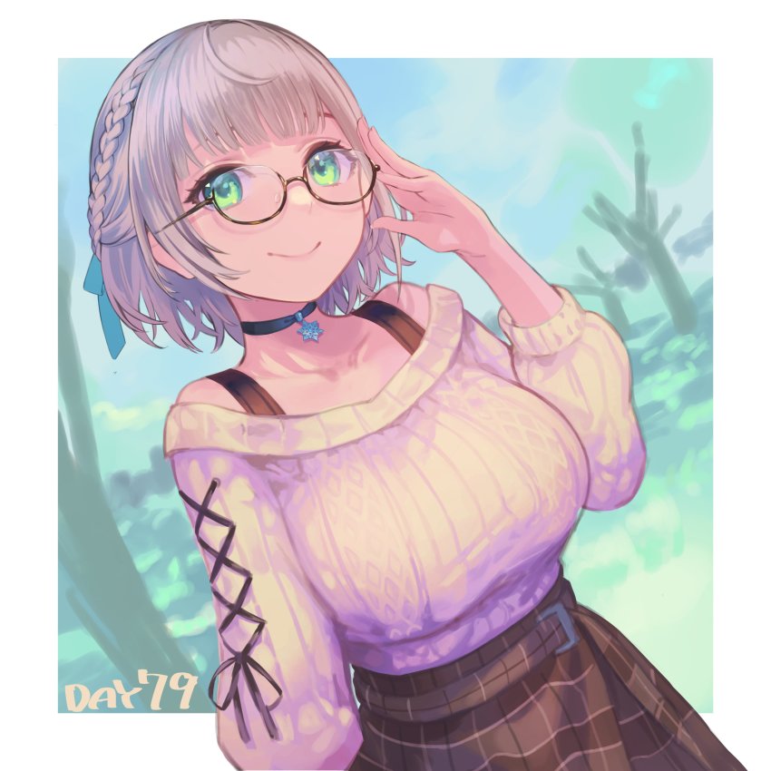 1girl, absurdres, adjusting_eyewear, black_choker, braid, breasts, brown_skirt, choker
