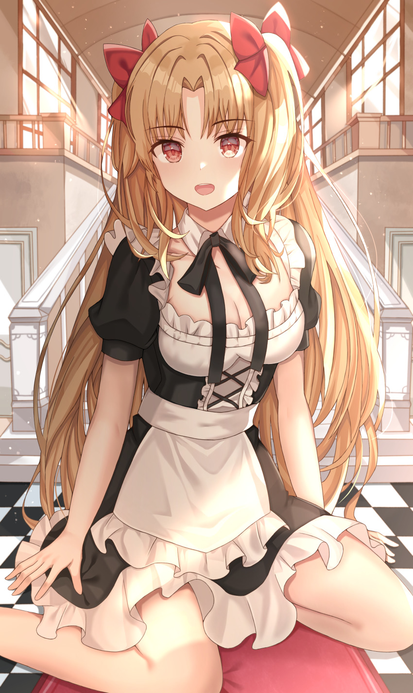 1girl, :d, absurdres, alternate_costume, apron, blonde_hair, blush, breasts