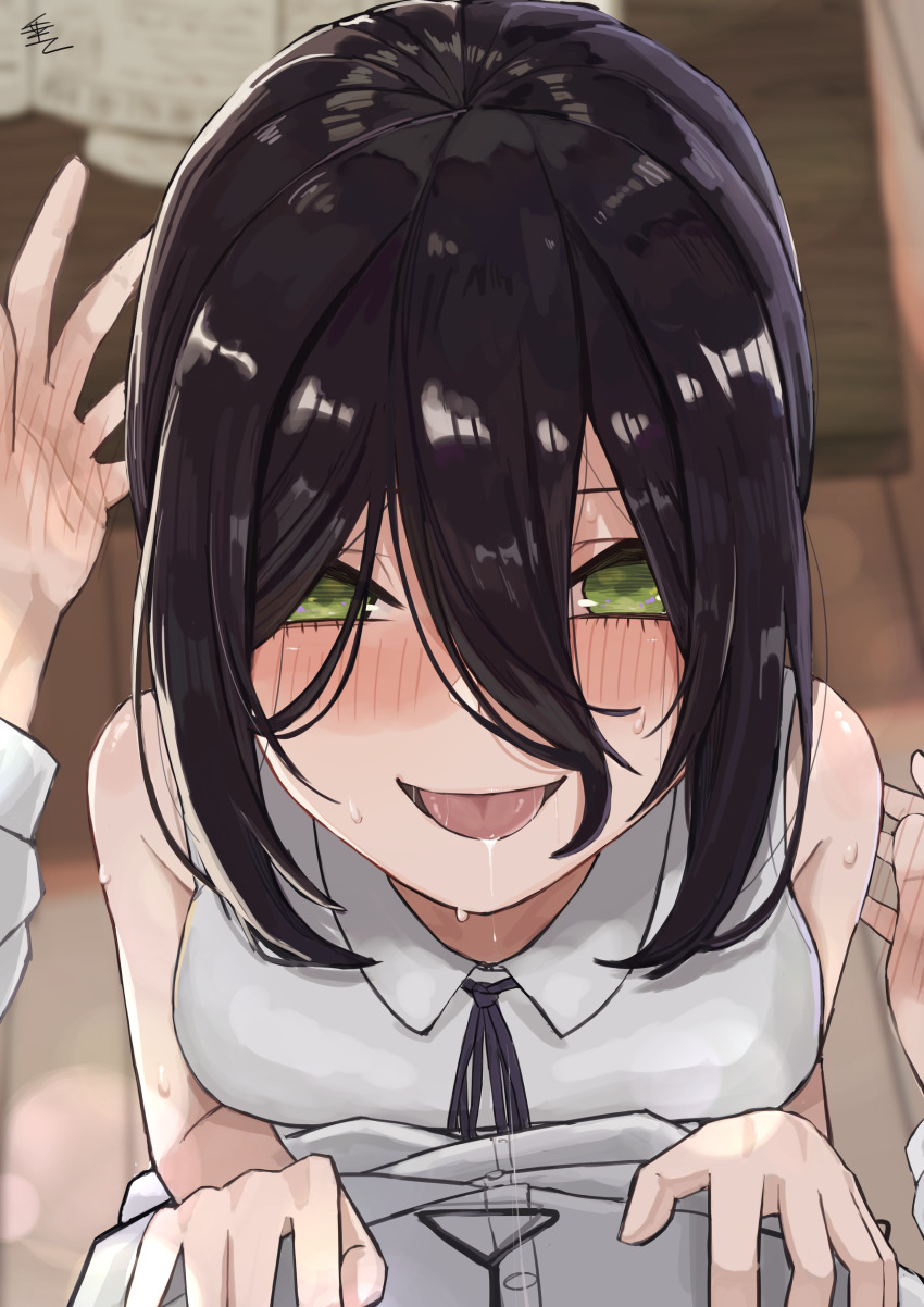 1boy, 1girl, absurdres, after_kiss, black_hair, black_ribbon, blurry, blurry_background, blush, breasts, chainsaw_man, collared_shirt, commentary, denji_(chainsaw_man), from_above, green_eyes, hair_between_eyes, hand_blush, hetero, highres, looking_at_viewer, medium_breasts, neck_ribbon, open_mouth, pov, reze_(chainsaw_man), ribbon, saliva, saliva_trail, shirt, short_hair, signature, sleeveless, sleeveless_shirt, smile, solo_focus, sweat, tare_negima, tongue, tongue_out, upper_body, white_shirt