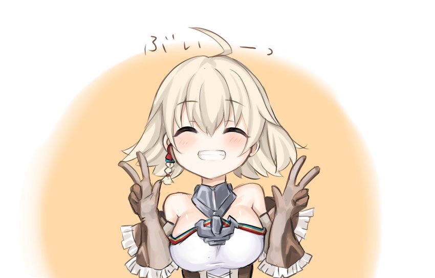 1girl, ahoge, anchor, azur_lane, bare_shoulders, blush, closed_eyes, commentary, double_w, gloves, grin, highres, kinomiki_nobori, oklahoma_(azur_lane), oklahoma_(retrofit)_(azur_lane), one-hour_drawing_challenge, orange_background, short_hair, smile, solo, two-tone_background, upper_body, w, white_background