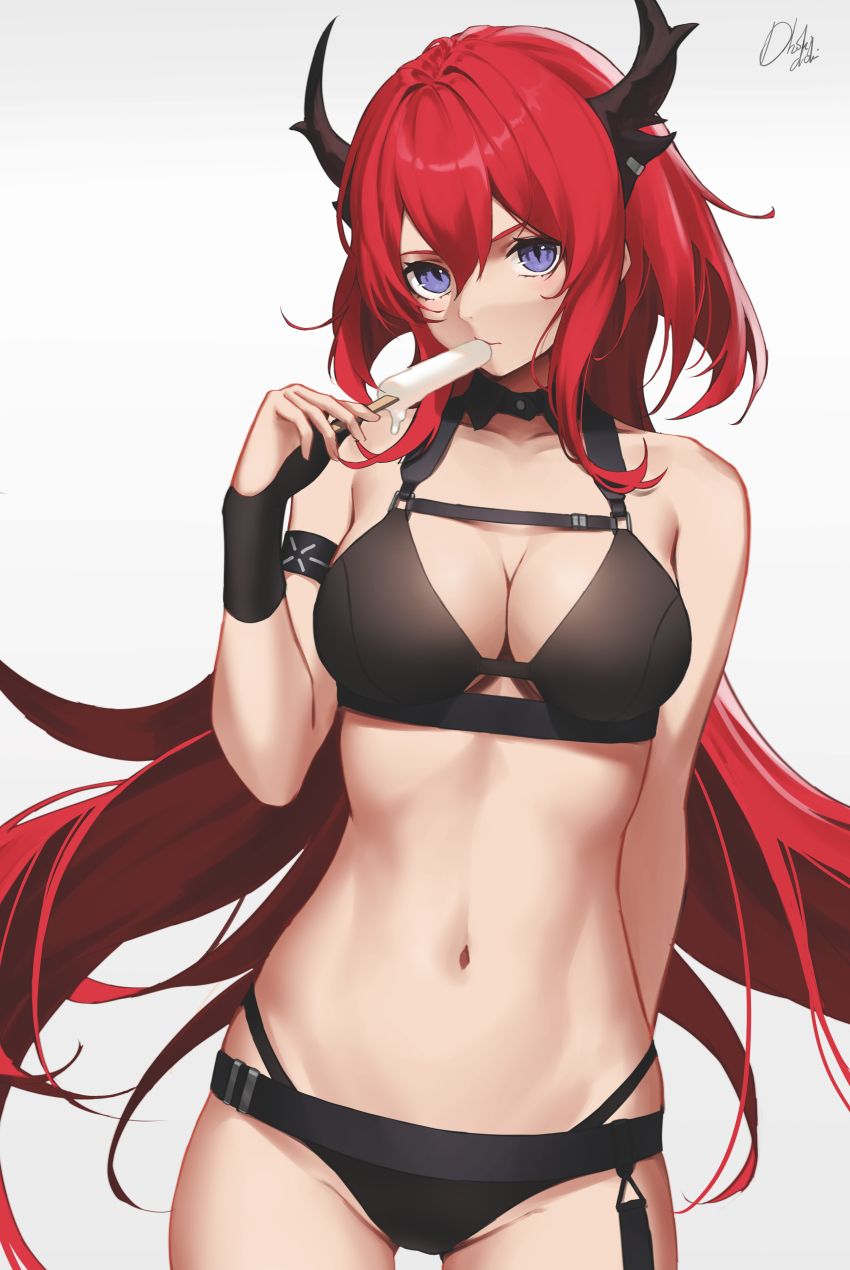 1girl, absurdres, arknights, armband, artist_name, bare_arms, bare_shoulders, black_bra