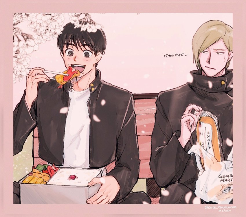 2boys, bag, bench, bento, black_eyes, black_hair, black_jacket, blonde_hair