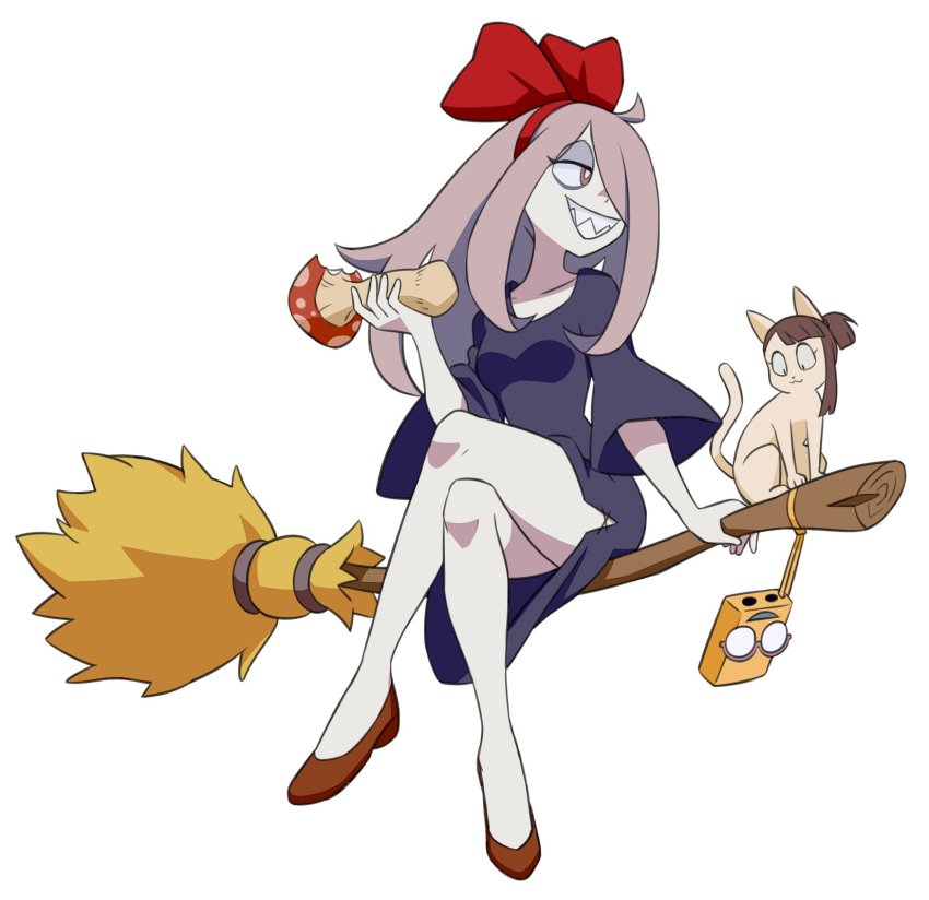 1girl, :3, antenna_hair, bow, broom, broom_riding, brown_hair, cameo, cat, collarbone, colored_skin, cosplay, crossed_legs, dress, eyeshadow, female_focus, flying, glasses, grey_skin, grin, hair_bow, hair_ornament, hair_over_one_eye, hair_ribbon, half-closed_eyes, happy, high_heels, highres, holding, holding_broom, holding_mushroom, kagari_atsuko, kiki_(majo_no_takkyuubin), kiki_(majo_no_takkyuubin)_(cosplay), legs, little_witch_academia, long_hair, looking_away, lotte_jansson, makeup, mushroom, neck, no_socks, pale_skin, pink_hair, red_bow, red_eyes, red_footwear, red_ribbon, ribbon, runningpigeon73, sharp_teeth, smile, studio_ghibli, sucy_manbavaran, teeth, thighs, white_background, wide_sleeves, witch
