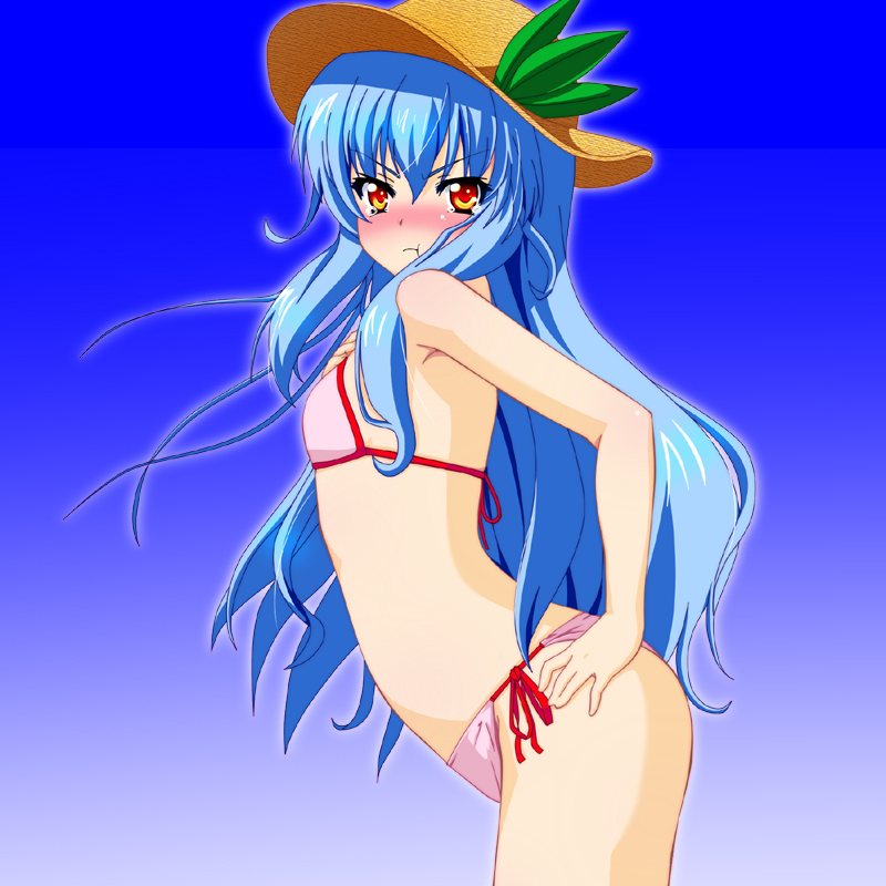 1girl, :t, bikini, blue_hair, blush, female_focus, flat_chest, gradient_background, hat, hinanawi_tenshi, long_hair, no-33, orange_eyes, pout, side-tie_bikini_bottom, solo, swimsuit, touhou, toya