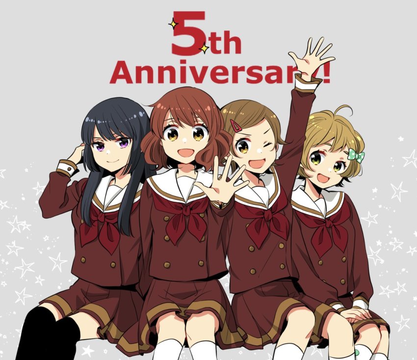 4girls, :d, ;d, adjusting_hair, ahoge, anniversary, arm_up, asada_nikki
