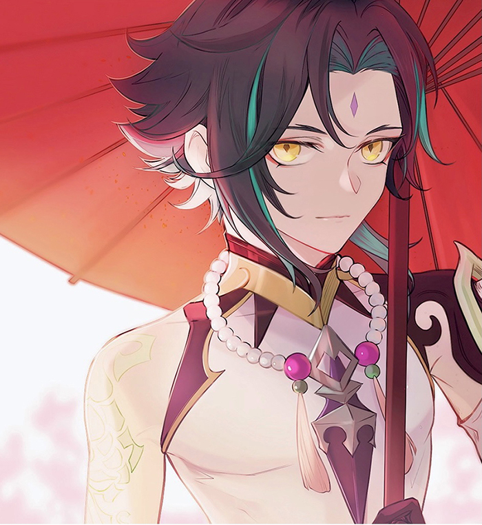 1boy, arm_tattoo, armor, asymmetrical_clothes, bead_necklace, beads, black_gloves, black_hair, closed_mouth, diamond-shaped_pupils, diamond_(shape), eyeshadow, facial_mark, forehead_mark, genshin_impact, gloves, green_hair, holding, holding_umbrella, jewelry, liyue_so_good, makeup, male_focus, multicolored_hair, necklace, parted_bangs, pendant, red_eyeshadow, short_hair_with_long_locks, shoulder_armor, shoulder_pads, shoulder_spikes, simple_background, single_bare_shoulder, slit_pupils, solo, spikes, symbol-shaped_pupils, tassel, tattoo, two-tone_hair, umbrella, xiao_(genshin_impact), yellow_eyes
