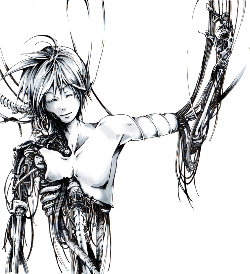 1boy, android, cable, closed_eyes, greyscale, highres, kagamine_len, kunami