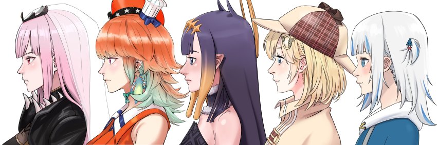 5girls, absurdres, beret, black_eyes, black_hair, blonde_hair, blue_eyes, blue_hair