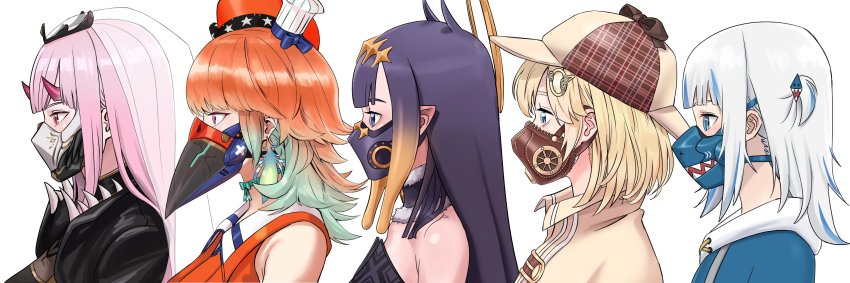 5girls, absurdres, beret, black_eyes, black_hair, blonde_hair, blue_eyes, blue_hair, breasts, capelet, chef_hat, deerstalker, earrings, feather_earrings, feathers, flat_chest, from_side, fur_choker, gawr_gura, gawr_gura_(1st_costume), gradient_hair, green_hair, hair_behind_ear, halo, hat, highres, hololive, hololive_english, holomyth, horns, jewelry, large_breasts, mask, medium_breasts, medium_hair, mori_calliope, mori_calliope_(1st_costume), mouth_mask, multicolored_hair, multiple_girls, ninomae_ina'nis, ninomae_ina'nis_(1st_costume), orange_hair, orange_headwear, pink_hair, pointy_ears, purple_eyes, red_eyes, silver_hair, streaked_hair, suteja, takanashi_kiara, takanashi_kiara_(1st_costume), tiara, two_side_up, upper_body, veil, virtual_youtuber, watson_amelia, watson_amelia_(1st_costume), white_headwear