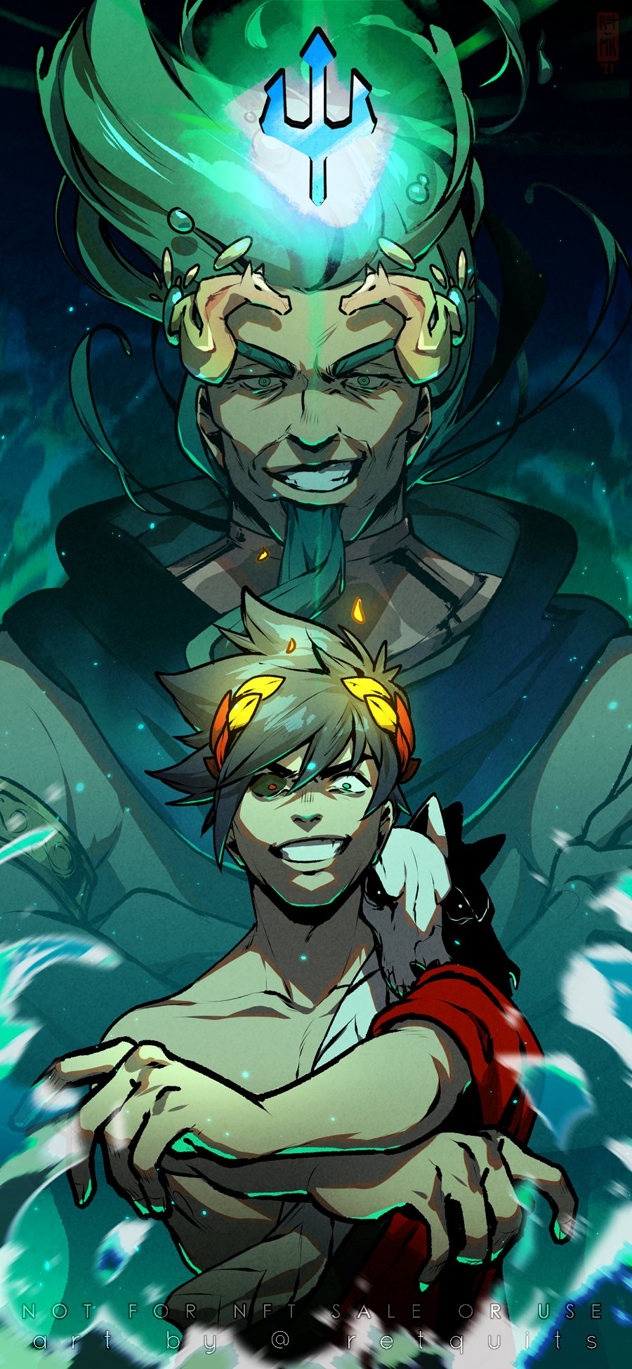 2boys, ancient_greek_clothes, aqua_eyes, aqua_hair, artist_name, beard, black_hair, crossed_arms, facial_hair, floating_hair, greco-roman_clothes, green_eyes, grin, hades_(series), hades_1, heterochromia, highres, laurel_crown, male_focus, mismatched_sclera, mk/ret, multiple_boys, poseidon_(hades), red_eyes, single_bare_shoulder, skull, smile, uncle_and_nephew, zagreus_(hades)
