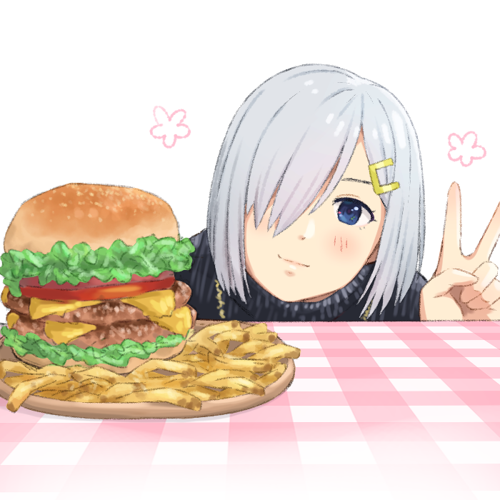 1girl, alternate_costume, black_sweater, blue_eyes, commentary, food, french_fries, hair_ornament