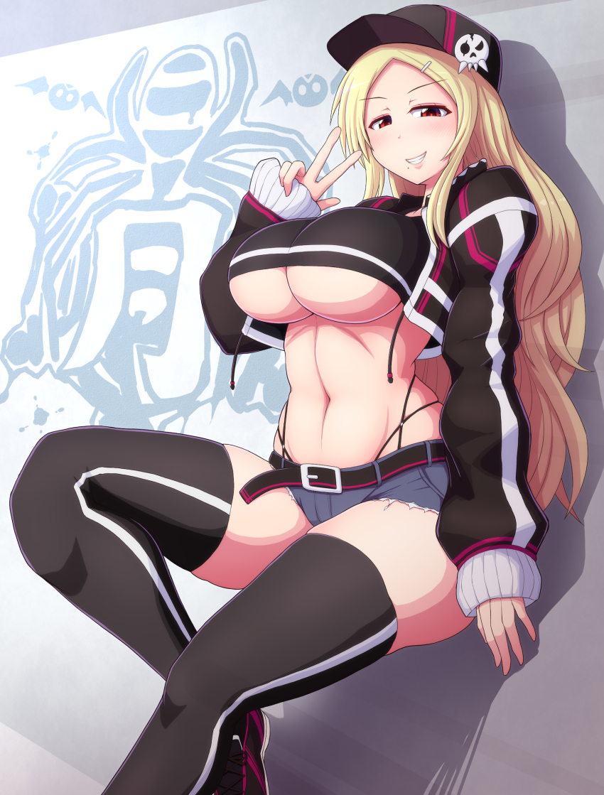 1girl, belt, black_belt, black_hat, black_jacket, black_shirt, black_shoes, black_thighhighs