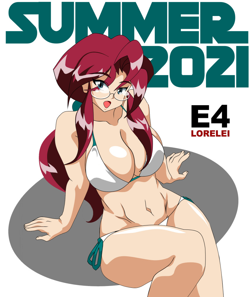 1girl, 2021, 20s, arm_support, azielarcangel, bikini, breasts, brown_hair, cleavage, collarbone, dated, glasses, green_eyes, highres, large_breasts, long_hair, looking_at_viewer, lorelei_(pokemon), navel, nintendo, open_mouth, pokemon, pokemon_(anime), pokemon_(classic_anime), side-tie_bikini_bottom, smile, summer, swimsuit, white_background, white_bikini