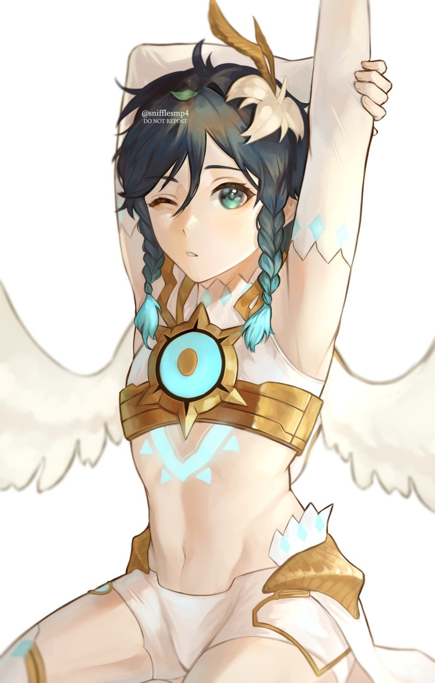 1boy, alternate_costume, androgynous, armpits, arms_up, black_hair, blue_hair, braid