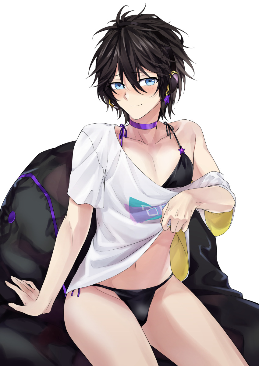 1boy, 1girl, aa-12_(girls'_frontline), aa-12_(girls'_frontline)_(cosplay), aa-12_(smokeless_lollipop)_(girls'_frontline), absurdres, black_bra, black_hair, black_panties, blue_eyes, blush, bra, choker, closed_mouth, clothes_lift, collarbone, commission, cosplay, crossdressing, crossdressing_(ftm), crossdressing_(mtf), dier_(girls'_frontline), earrings, girls'_frontline, highres, jewelry, looking_at_viewer, male_focus, panties, pixiv_commission, purple_choker, shirt, shirt_lift, short_hair, sitting, solo, suprii, trap, underwear, white_background, white_shirt