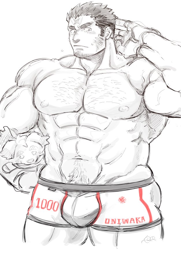 1boy, abs, bara, boxer_briefs, bulge, character_doll, character_name, character_request
