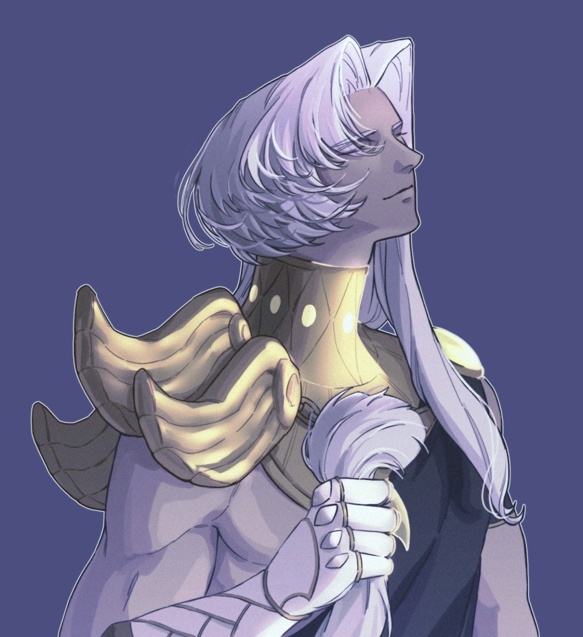 1boy, alternate_hair_length, alternate_hairstyle, ancient_greek_clothes, asymmetrical_hair, closed_eyes, dark-skinned_male, dark_skin, eyes_visible_through_hair, gauntlets, greco-roman_clothes, hades_(series), hades_1, highres, juzhi_tangjiang, male_focus, purple_background, severed_hair, single_gauntlet, smile, thanatos_(hades), upper_body, white_hair