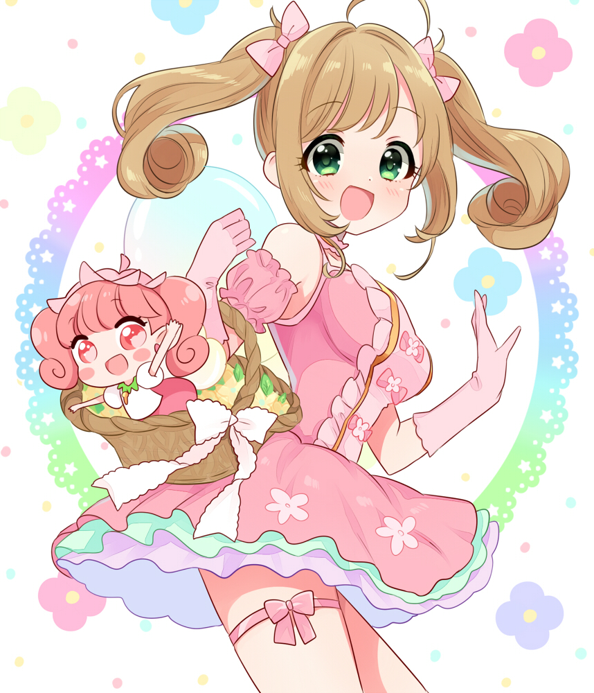 2girls, :d, ahoge, asymmetrical_legwear, bare_shoulders, basket, blush, brown_hair