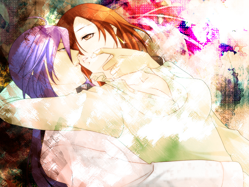 1boy, 1girl, ahoge, bad_id, bad_pixiv_id, blue_eyes, breasts, brown_eyes