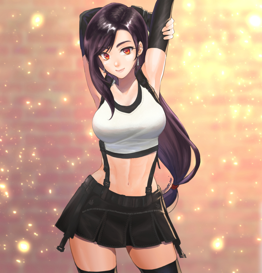 1girl, arm_behind_back, arms_up, artist_name, black_gloves, black_skirt, black_thighhighs, breasts, collarbone, cowboy_shot, crop_top, earrings, elbow_gloves, final_fantasy, final_fantasy_vii, final_fantasy_vii_remake, floating_earrings, gloves, highres, jewelry, large_breasts, long_hair, looking_at_viewer, low-tied_long_hair, midriff, momo_nei, navel, red_eyes, skirt, smile, solo, stretching, suspender_skirt, suspenders, swept_bangs, tank_top, thighhighs, thighs, tifa_lockhart, twitter_username, white_tank_top, zettai_ryouiki