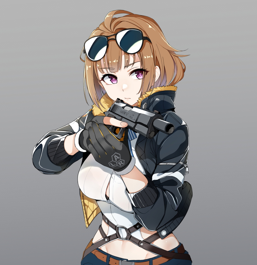 1girl, aviator_sunglasses, black_jacket, blue_bow, blue_bowtie, bow, bowtie, breasts