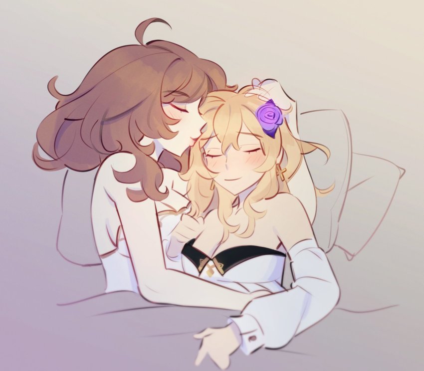 2girls, alternate_hairstyle, bare_shoulders, bed, blanket, blonde_hair, blush, breasts