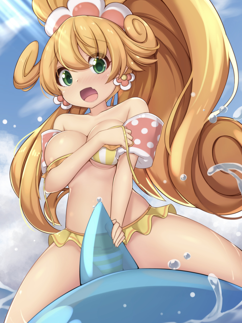 1girl, bikini, blush, breasts, covering_breasts, covering_privates, curly_hair, earrings, embarrassed, flower_earrings, frilled_bikini, frills, green_eyes, high_ponytail, highres, inflatable_dolphin, inflatable_toy, jewelry, kai_(nyanko_daisensou), large_breasts, nyanko_daisensou, ocean, open_mouth, orange_hair, outdoors, ponytail, solo, striped_bikini, striped_clothes, swimsuit, twin-7646, vertical-striped_bikini, vertical-striped_clothes, wardrobe_malfunction, water, yellow_bikini