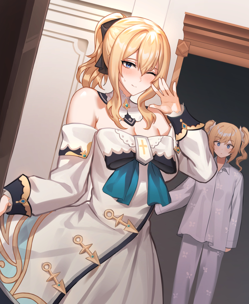 2girls, ;), absurdres, barbara_(genshin_impact), barbara_(genshin_impact)_(cosplay), bare_shoulders, blonde_hair, blue_eyes, blush, bow, bowtie, breasts, caught, cleavage, cosplay, cross, detached_collar, dress, dress_shirt, drill_hair, genshin_impact, hair_bow, hands_up, highres, idol, indoors, jean_(genshin_impact), latin_cross, lifting_own_clothes, long_sleeves, looking_at_viewer, multiple_girls, one_eye_closed, open_door, pajamas, pants, ponytail, shirt, siblings, sisters, smile, standing, sweatdrop, twin_drills, twintails, walk-in, white_dress, wide-eyed, yareen