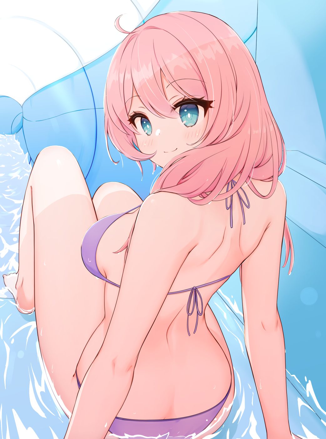 1girl, ahoge, arknights, ass, bare_arms, bare_legs, bare_shoulders, barefoot, bikini, blue_poison_(arknights), blush, breasts, butt_crack, commentary_request, female_focus, from_behind, hair_between_eyes, halterneck, highres, looking_at_viewer, looking_back, medium_breasts, partial_commentary, purple_bikini, risshu, sitting, smile, solo, swimsuit, thighs, water_slide