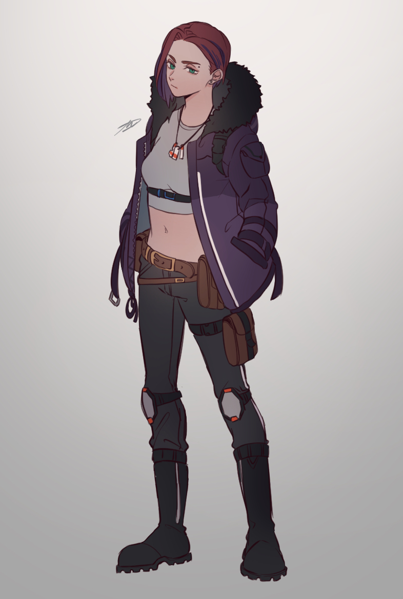 1girl, alternate_hair_length, alternate_hairstyle, animification, apex_legends, belt, black_belt, black_boots